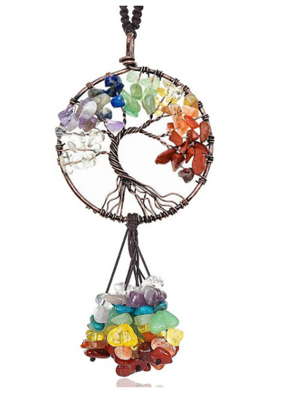 Tree of Life Car Mirror Hanging Seven Chakra Stones