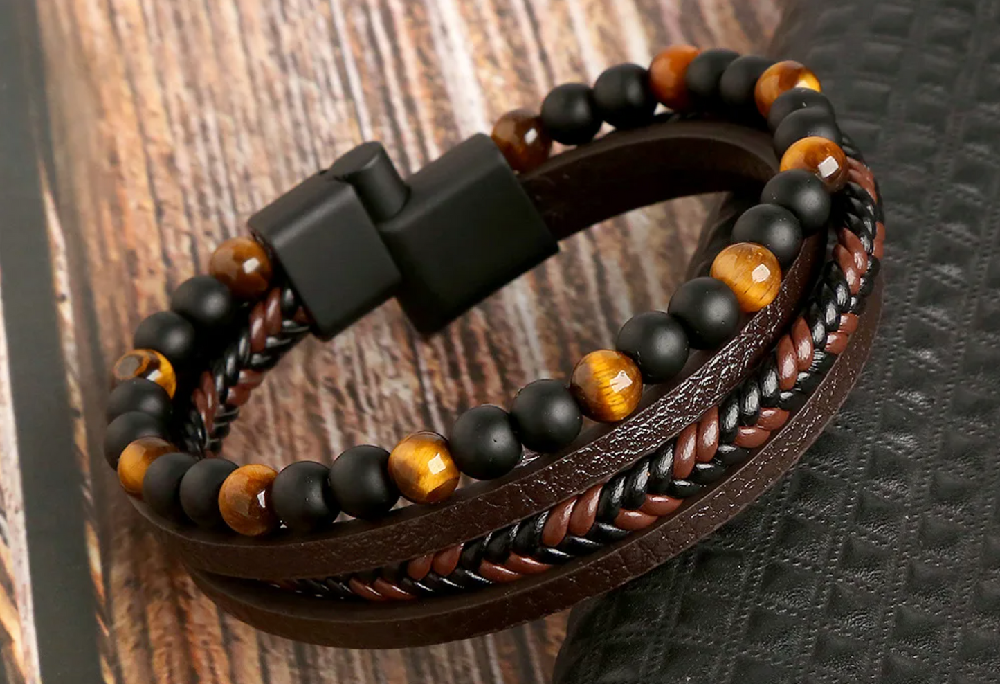 Premium Tiger Eye & Black Onyx Multi Layered Leather Bracelet