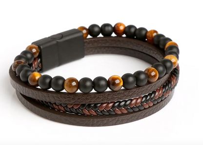 Premium Tiger Eye & Black Onyx Multi Layered Leather Bracelet