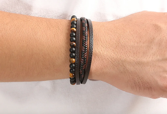 Premium Tiger Eye & Black Onyx Multi Layered Leather Bracelet