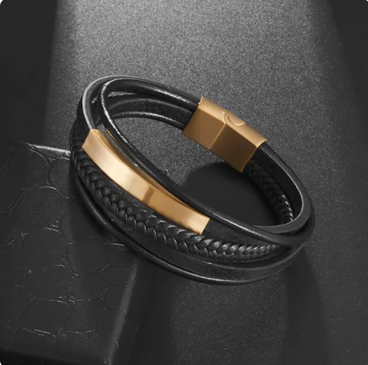 Golden Strap Black Multilayered Leather Bracelet