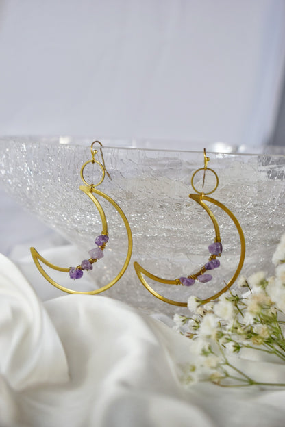 Amethyst Dangling Moon Shaped Earrings